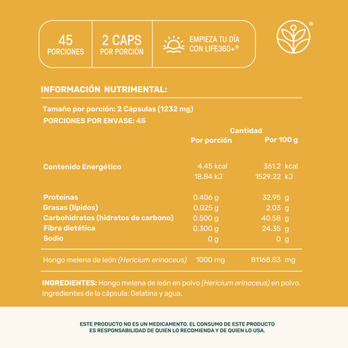 Melena De León Mushrooms Life 360+ 90 Cápsulas Hongo Melena