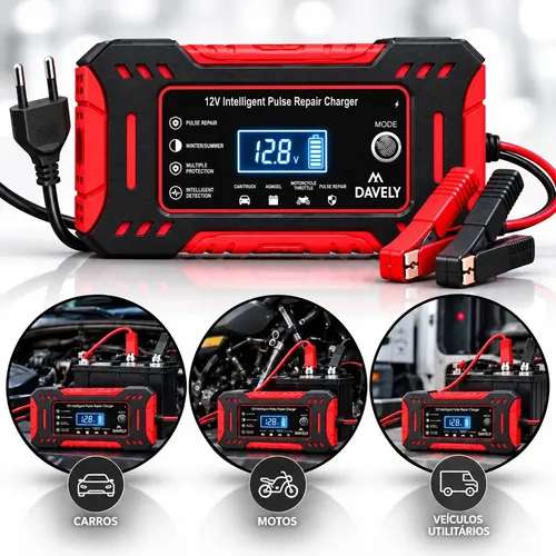 Carregador de Bateria 12V 6A Bivolt Inteligente Carro Moto Caminhão Automotivo 4Ah a 100Ah Com Função Reparo Display Dig