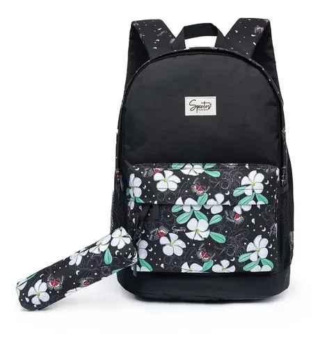 Mochila Bolsa Escolar Spector E Estojo Reforçada Juvenil Cor Preto Florido