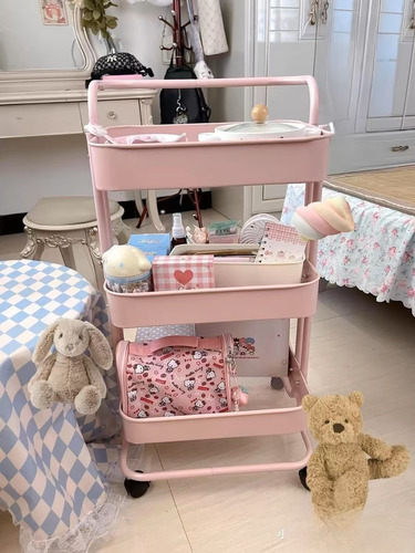 Carrito Auxiliar Para Estetica Metal 3 Niveles Ruedas Color Rosa