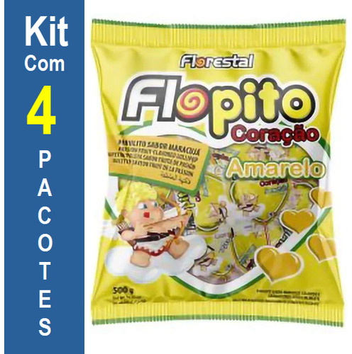 Pirulito Coracao Flopito Amarelo Kit Com 4pct Com 50un