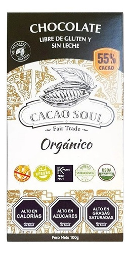 Pack 5 Chocolate 55% 100g Orgánico Cacao Soul S/gluten S/lec