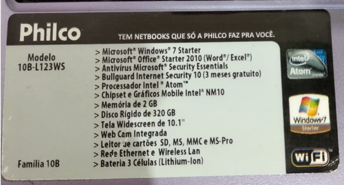Netbook Philco, Carregador, Mouse S/ Fio, Pasta
