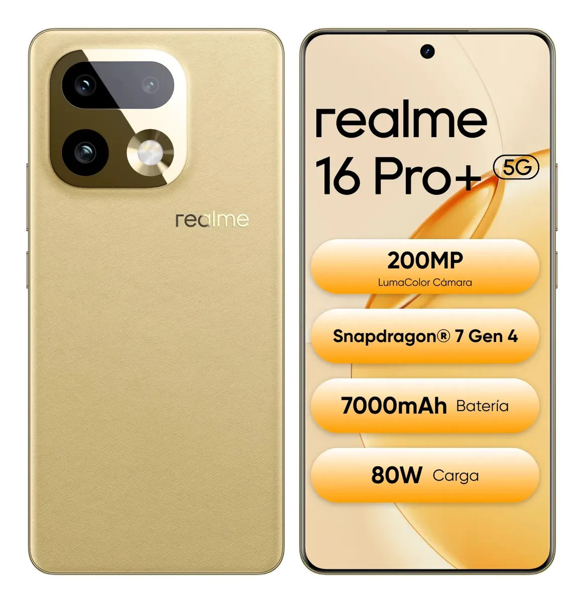 Realme 16 Pro+ 512 GB 12 GB Ram 5G Dual Sim 200 MP Lumacolor Cámara 7000 mAh impermeable Ip69 Pro 144 Hz 4D Curve Video 4K Fullfocal Hdr Gold Smartphone