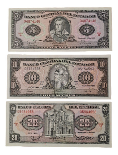 Ecuador X 3 Billetes 5 Y 20 Sucres 1988 Y 10 Sucres 1983 Sc.