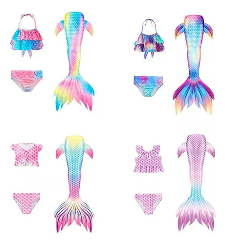 Bikini Con Diseño De Cola De Sirena Para Niñas, 3 Piezas