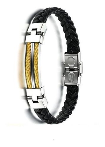 Bracelete De Couro E Aço Com Fios De Aço Dourado