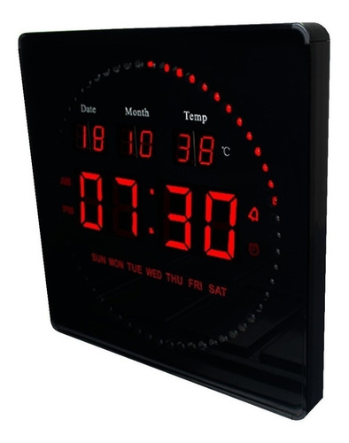 Relógio De Parede Digital 28x28cm Calendário Temperatura