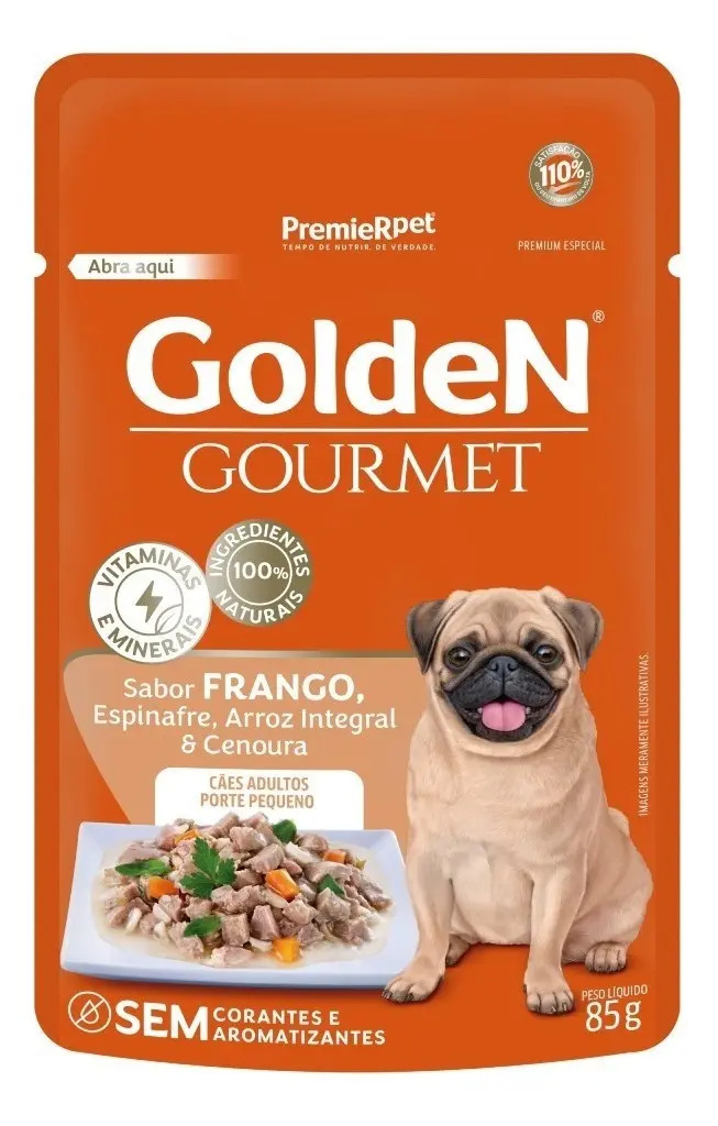 Alimento úmido GoldeN Gourmet cães adultos porte pequeno sabor frango, espinafre, arroz integral e cenoura 85g