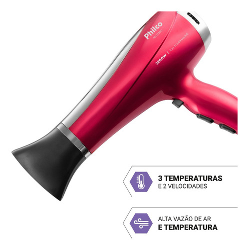 Secador De Cabelos Psc2300 Motor Dc 2200w Philco Bivolt Vermelho