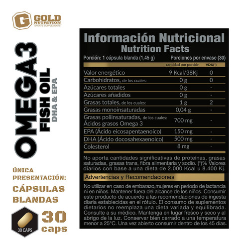 Gold Nutrition Omega 3 Fish Oil Dha & Epa Suplemento 30c