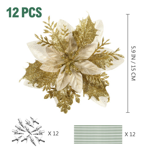 12 Unidades De Flores De Pascua Artificiales Con Purpurina N