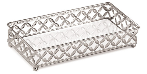 Bandeja Decorativa Retangular Metal Prata Com Espelho 5x24cm