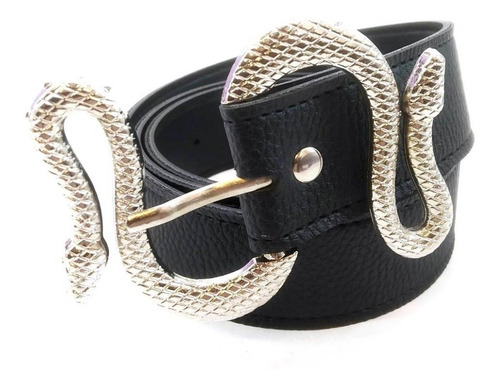 Imagen 1 de 10 de Cinturon Negro Mujer Eco Cuero Capreado Serpiente 33mm