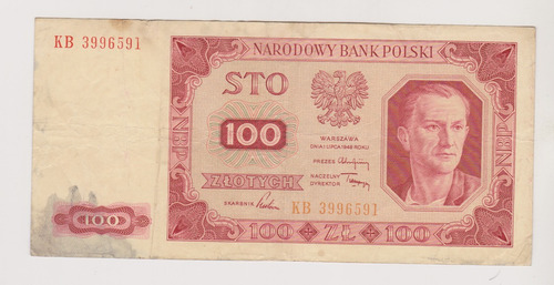 Billete Polonia 100 Zlotych  Año 1948 Muy Bueno