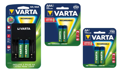 Combo Cargador  2 Pilas Aaa+ 2 Pilas Aa Recargables Varta 