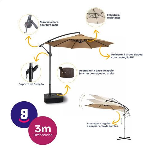 Ombrelone Guarda Sol Praia Jardim Lateral 3 Metros Com Base Cor Bege Liso