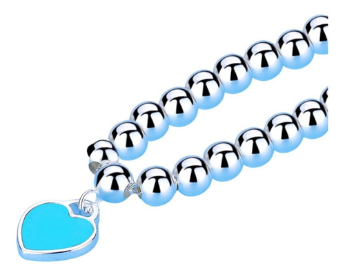 Imagen 2 de 7 de Pulsera Mujer Plata Corazón Azul Esmaltado Bolitas Plata