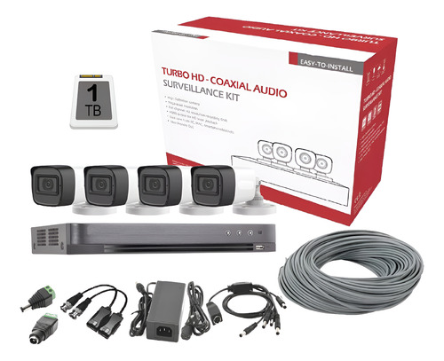 Kit 4 Camaras Hikvision 5mpx Microfono Cable Utp Disco 1tb Color Blanco