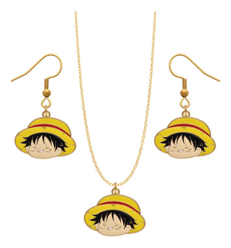 Kit Collar Y Aretes One Piece Luffy Dije Manga Cadena Acero