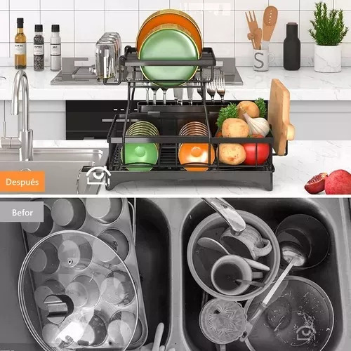 Escurridor de Platos de 2 Niveles con Bandeja Drenaje 360°, Escurreplatos de Acero Inoxidable para Cocina, Organizador Moderno para Platos, Tazas, Cubiertos y Vajilla, Soporte Compacto y Funcional