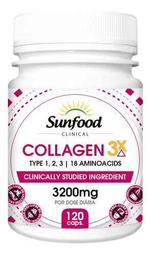 Colágeno 3 veces tipo 1, 2 y 3, 120 cápsulas, 3200 mg por día, sabor Sunfood sin sabor