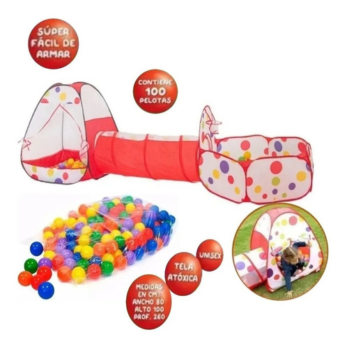 Carpa Casita Infantil C/túnel Y Pelotero 3en1 +100 Pelototas