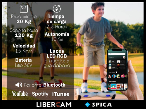 Imagen 6 de 10 de Patineta Scooter Electrica Hoverboard Spica S-90 Luz Rgb Bt
