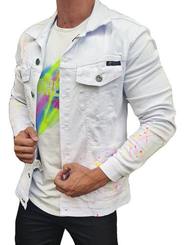 Imagem 1 de 4 de Jaqueta Branca Respingos Tinta Neon Jeans Premium