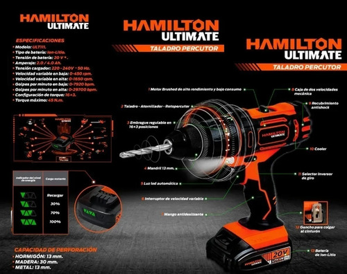Imagen 6 de 10 de Taladro Atornillador Percutor 20v Hamilton Kit Bosch Maletin
