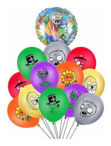 Pack De 12 Globos + Metalizado Plantas V/s Zombie 44 Cm