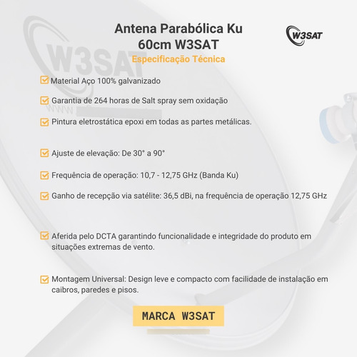 Kit Antena Parabólica Banda Ku 60cm W3sat + Lnb + Kit Cabo