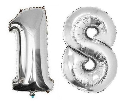 Balões Metalizados Números 1 E 8 Prata 40cm - 18 Anos