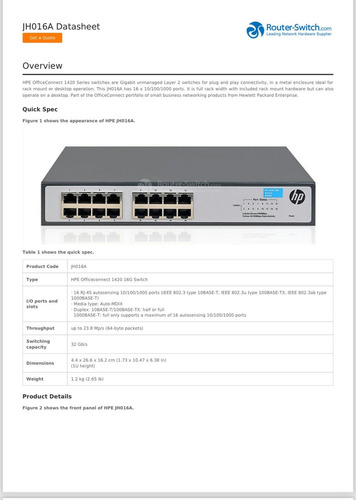 Switch Hewlett Packard Enterprise JH016A OfficeConnect serie 1420
