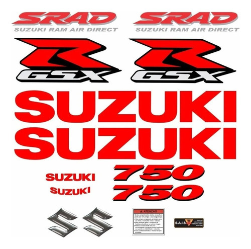 Kit Jogo Emblema Adesivo Compatível Gsxr Srad 750 Cr010 Cor ADESIVO SUZUKI GSXR SRAD 750 VERMELHO