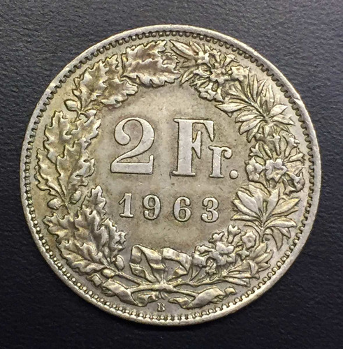 Swi095 Moneda Suiza 2 Francs 1963 Vf-xf Plata Ayff