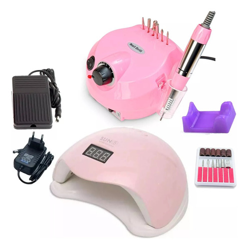 Motor Lixa Elétrica Porquinho + Cabine Sun5 48w Led/uv Unhas Cor Rosa - Nail Drill bivolt