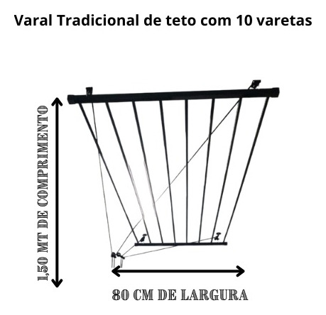 Varal De Teto Tradicional 150x80 Com 10 Varetas Alumínio