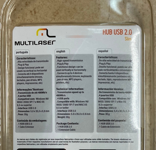 Hub 4 Portas Usb Slim 2.0 Multilaser - Windows E Mac