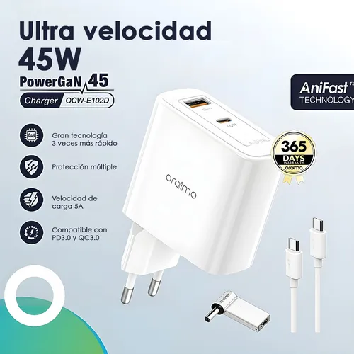 Cargador Blanco Con Carga Ultra Rapida 45w Qc3.0 Oraimo