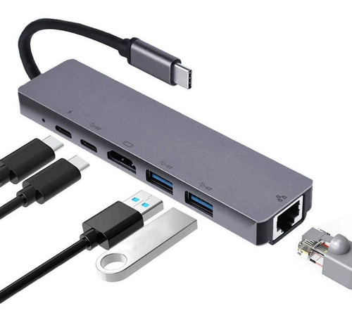 Hub Tipo C Multipuerto 6 En 1 Hdmi 4k/ethernet/2 Usb 3.0