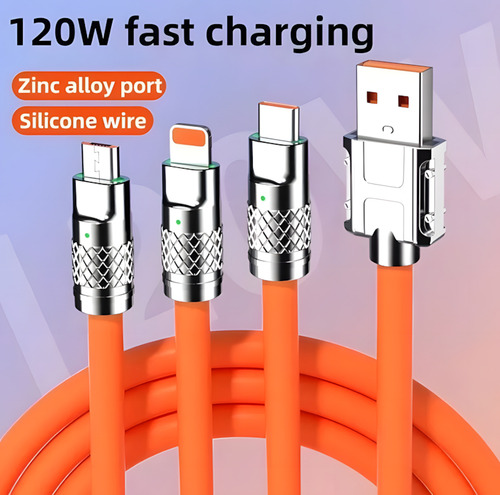 Cable 3 En 1 Para Iphone Tipo C Y Micro Usb 120w 1.2m Naranja