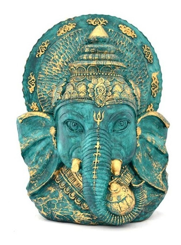 Ganesha Resina Poliéster Deus Da Fortuna Azul E Dourado