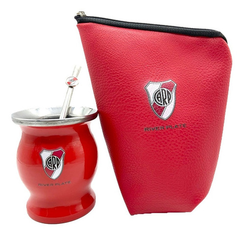 Mate Acero Inoxidable River Plate C/ Funda Roja Con Grabado