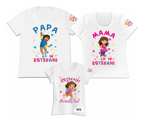 Franela Set 3 Papa Mama Hijo Dora La Exploradora Poliester