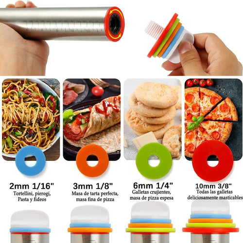 Rodillo De Cocina Ajustable Con Anillos Y Tapete De Silicona Para Hornear, Rodillo Repostería De Acero Inoxidable Con Medidas, Ideal Para Cocina Y Pastelería, 2 Piezas