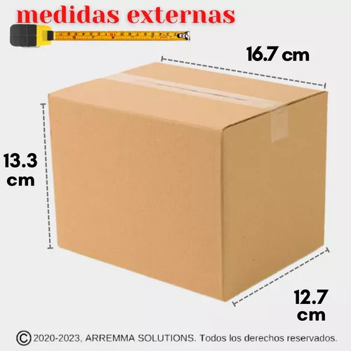 Arremma Solutions - Cajas De Cartón Pequeñas 16x12x12 Cm 50 Pzs Para Envíos  $389.00 Caja Regular Ranurada. Material: Cartón corrugado Resistencia: ECT  21, flauta tipo C. Resistencia a la estiba: 7kg/cm2 Resistencia