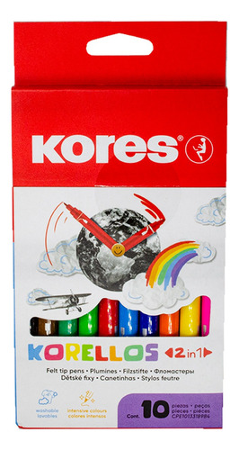 Plumones Lavables Doble Punta Conica/fina - 12 Pzas Kores