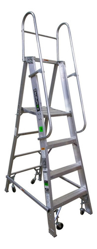 Escalera C/plataforma Pleg 4 Esc, Ruedas Y Barandal Akron Color Plateada