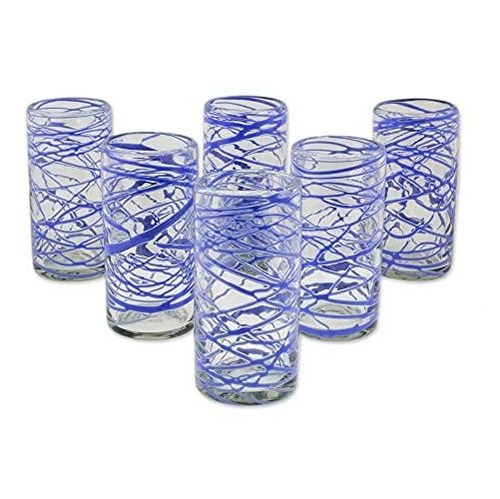 Novica - Vasos De Bola Alta De Vidrio Soplado, Azul Transpar